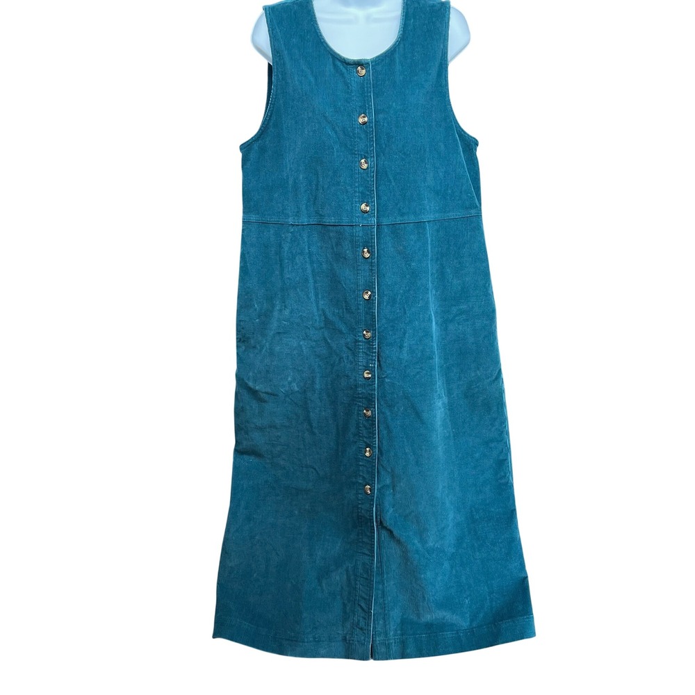 Appleseed's Corduroy Jumper Dress Womens 14 Teal Blue Button Front Midi